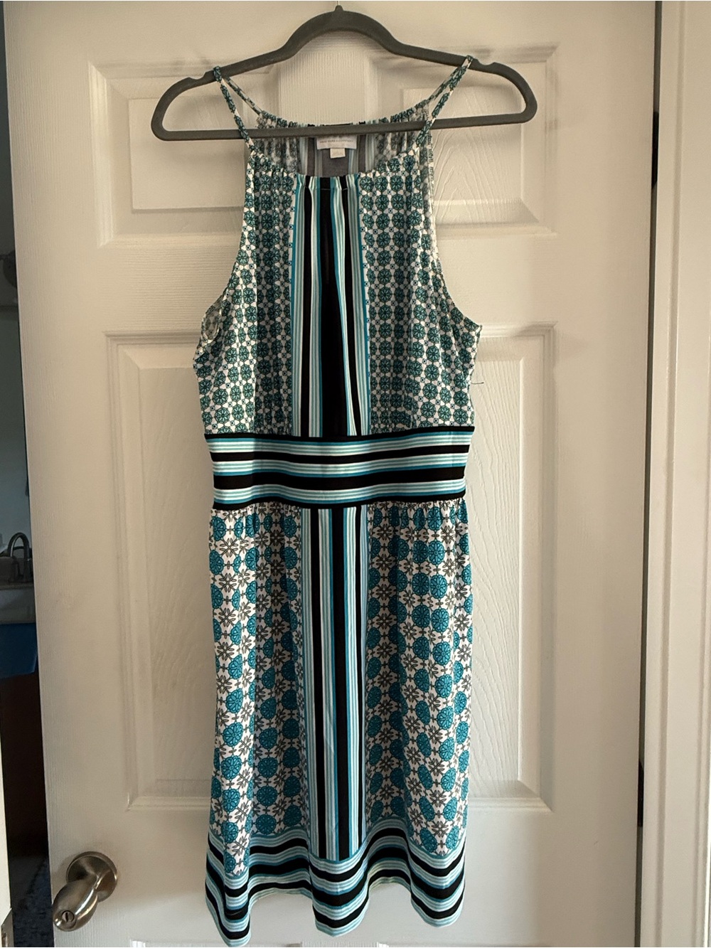 New York & Company Teal, Black & White Striped Halter Dress